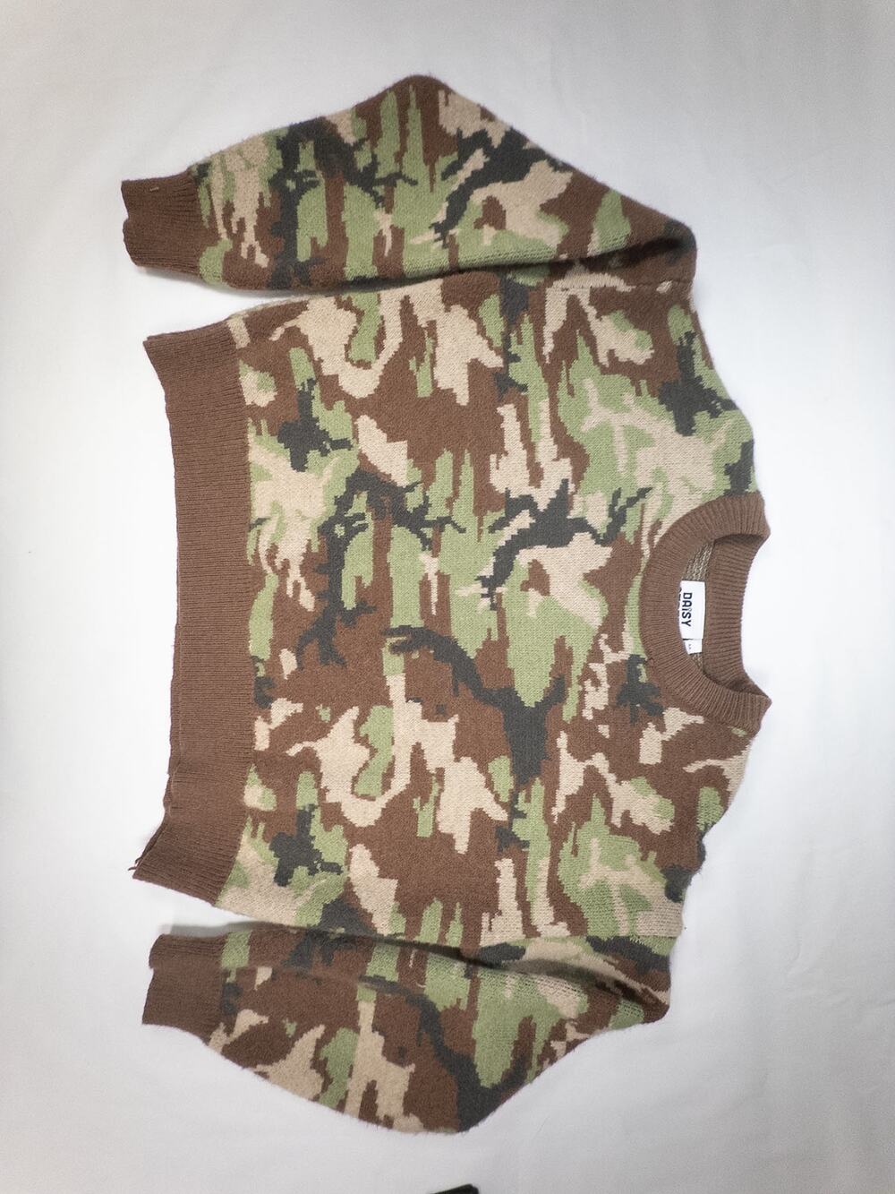 Daisy Street Womens M Camo Knit Sweater Cropped Boxy Crewneck Green Brown